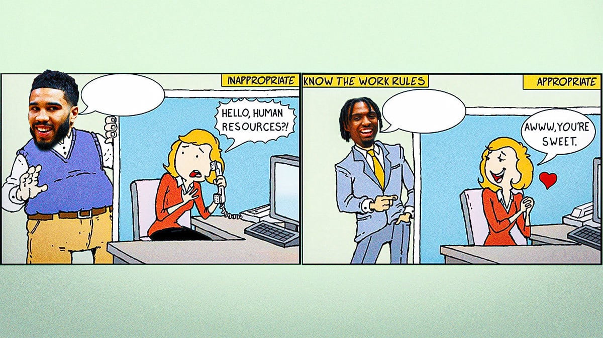 Celtics' Jayson Tatum and Sixers' Tyrese Maxey in the harassment vs. flirting meme