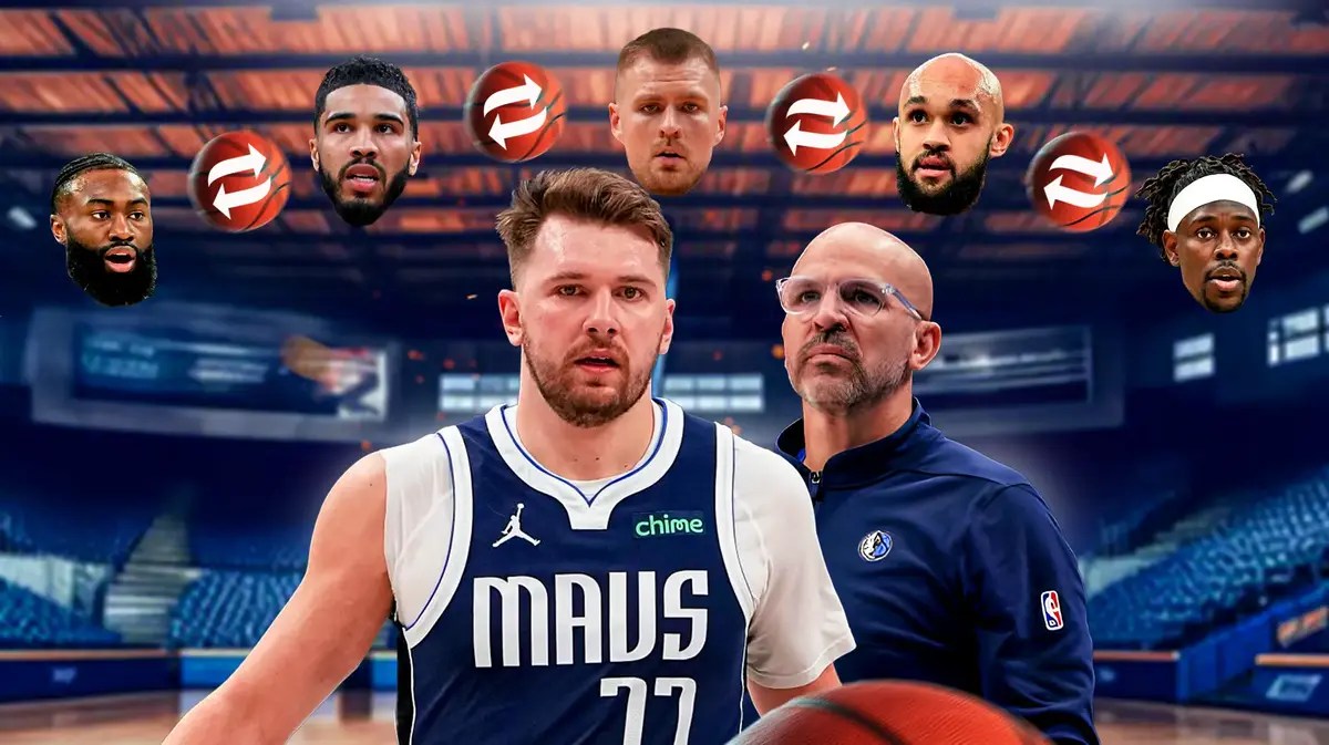 Mavericks' Jason Kidd and Luka Doncic in the middle looking worried, while the heads of Celtics' Jayson Tatum, Jaylen Brown, Kristaps Porzingis, Derrick White, and Jrue Holiday surround Kidd and Doncic. In between the Celtics' players heads, put a basketball with an arrow going back and forth to each head (to show ball movement)