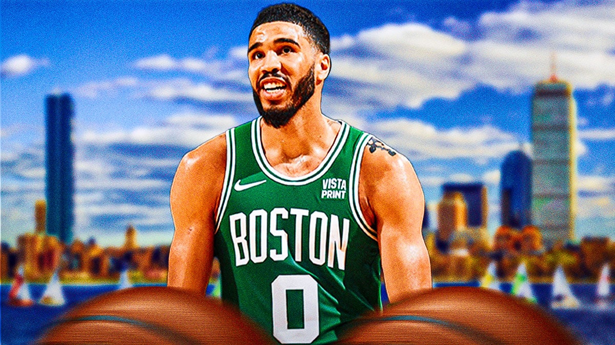 Celtics, Jayson Tatum, Nuggets, Brian Windhorst, Tim MacMahon, Jayson Tatum in Celtics uni looking upset with Boston skyline in the background