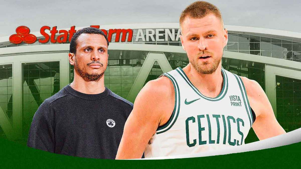 Joe Mazzulla and Kristaps Porzingis on a state farm arena background.