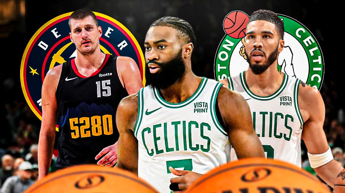 Jaylen Brown next to Celtics' Jayson Tatum and Nuggets' Nikola Jokic