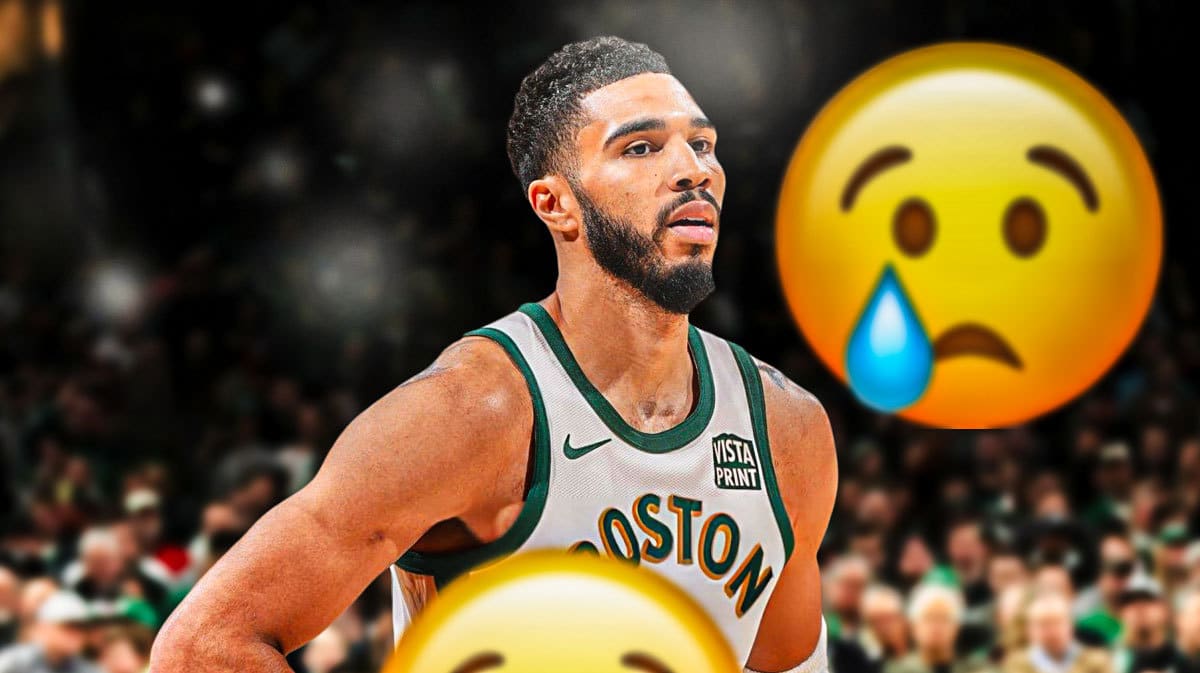 Boston Celtics star Jayson Tatum next to a sad emoji in front of TD Garden.