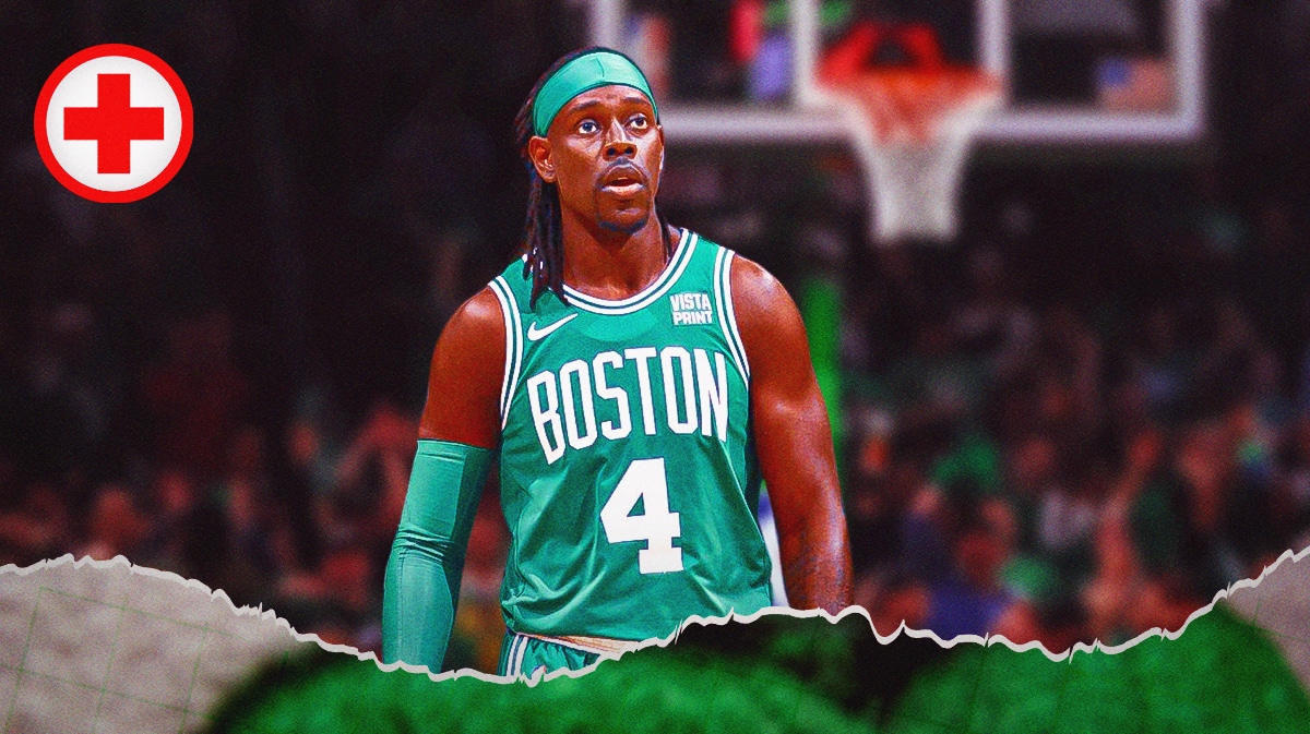 Jrue Holiday looking concerned on a basketball court background