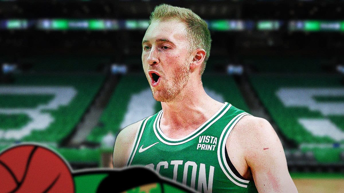 Sam Hauser (in a celtics jersey) smiling on a TD Garden or basketball court background