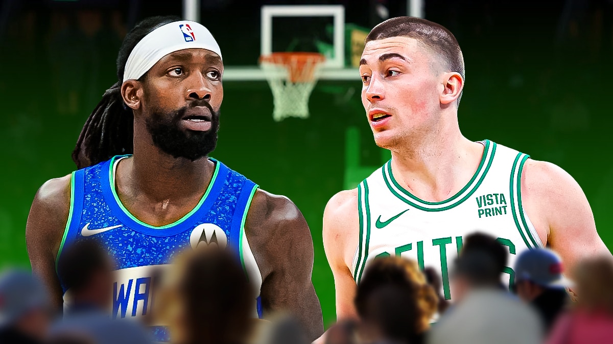 Payton Pritchard looking hyped on a TD Garden background next to a serious looking patrick beverley (bucks jersey)