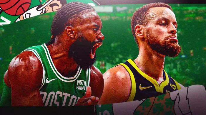 Jaylen Brown opposite Stephen Curry with the Celtics arena in the background, Warriors