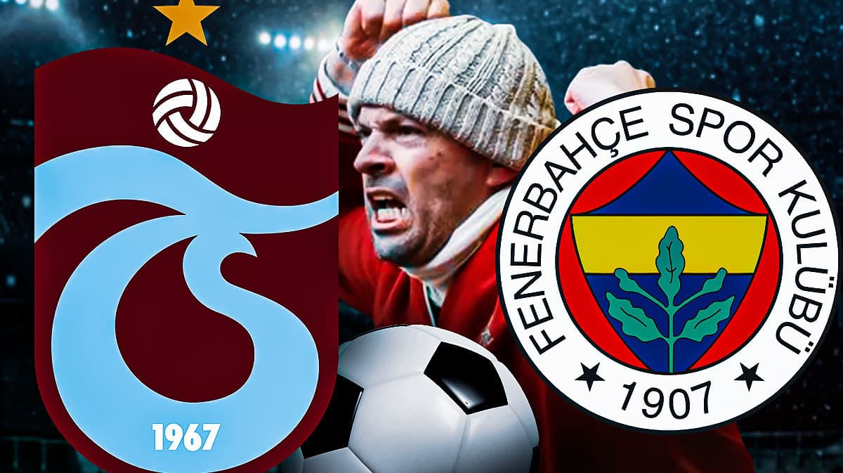 Angry fans in front of the Trabzonspor and Fenerbahce logos, a soccer field behind them