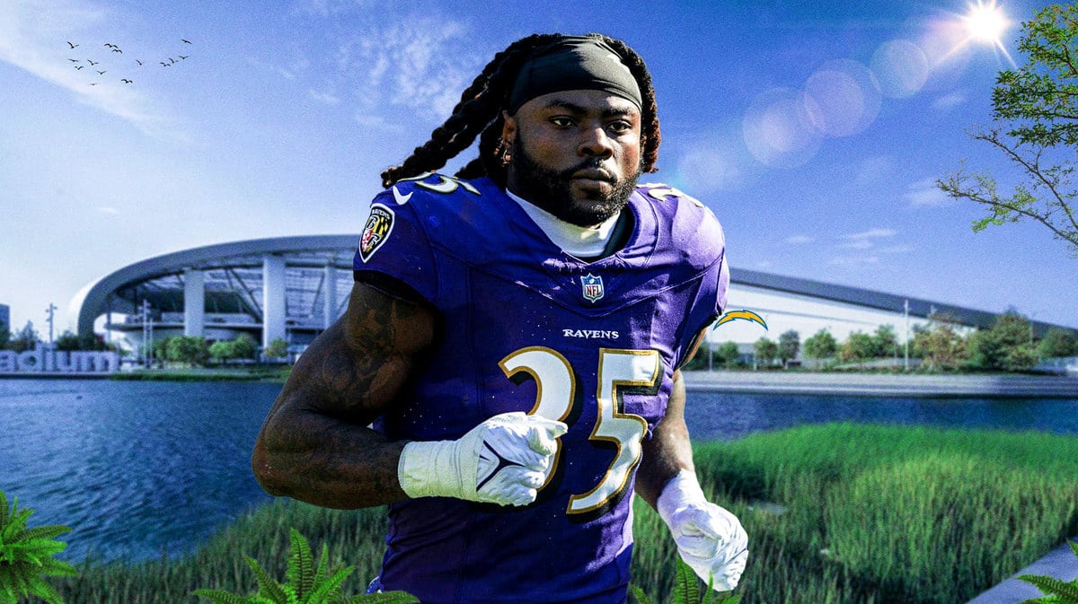 Ravens' Gus Edwards in front of Chargers building, Jim Harbaugh talks about NFL Free Agency inside