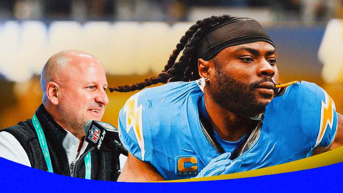 Chargers general manager Joe Hortiz, running back Gus Edwards
