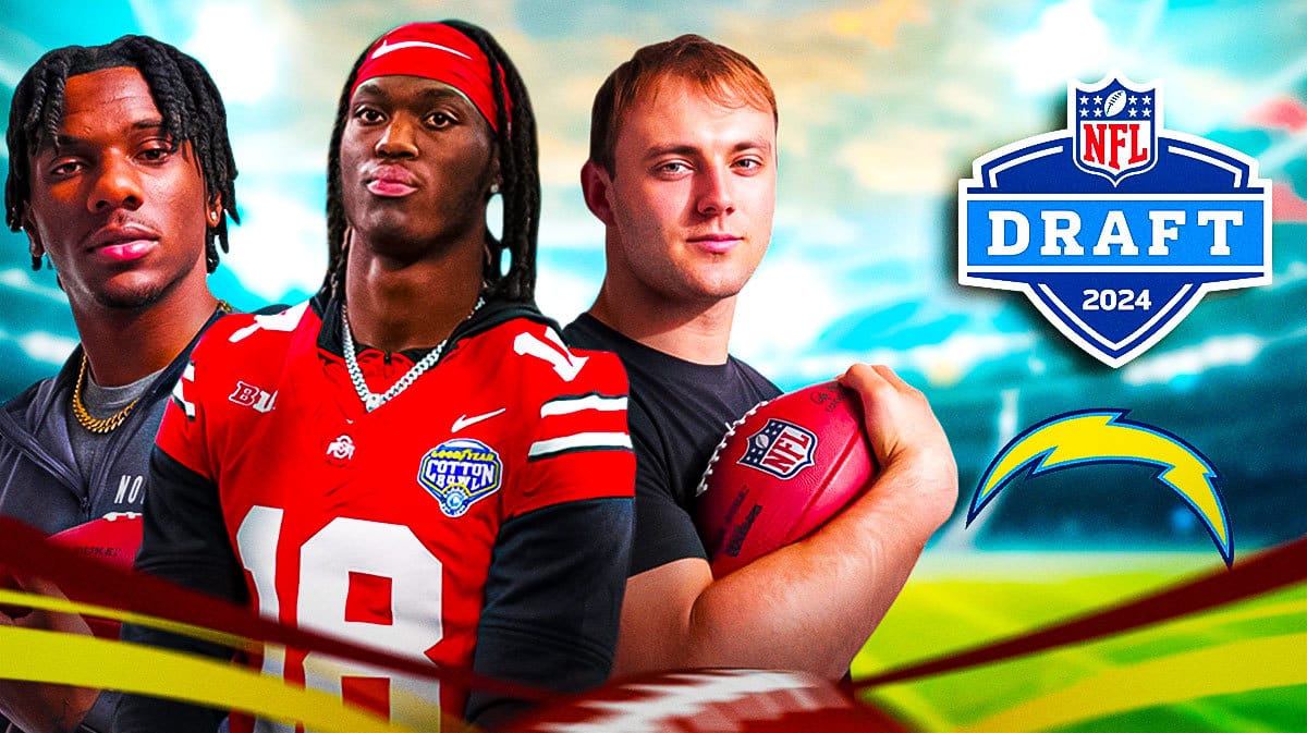 Malik Nabers, Marvin Harrison Jr., and Brock Bowers with a Chargers logo in front and 2024 NFL Draft logo background.