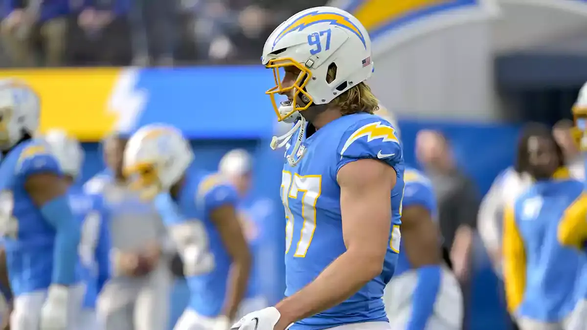 Los Angeles Chargers linebacker Joey Bosa (97) warms up prior to the game against the Los Angeles Rams at SoFi Stadium.