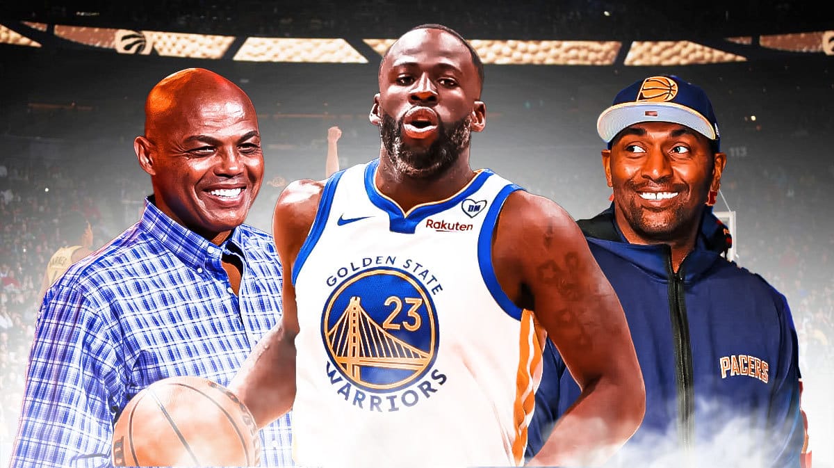 Golden State Warriors star Draymond Green next to Charles Barkley and Metta World Peace.