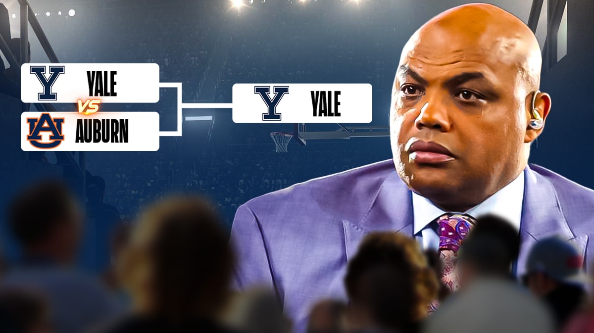 Charles Barkley sad with Auburn VS Yale bracket in background showing Yale advancing