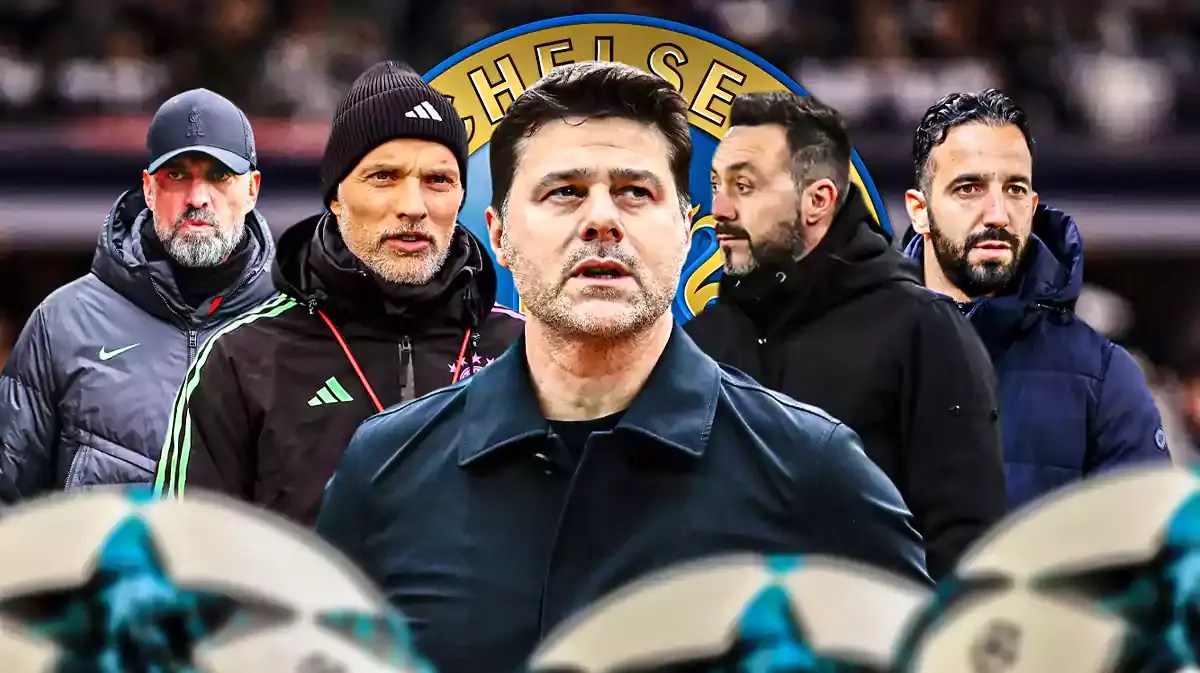 Mauricio Pochettino in the middle, Ruben Amorim, Roberto de Zerbi, Jurgen Klopp, Thomas Tuchel on the sides, the Chelsea logo in the back