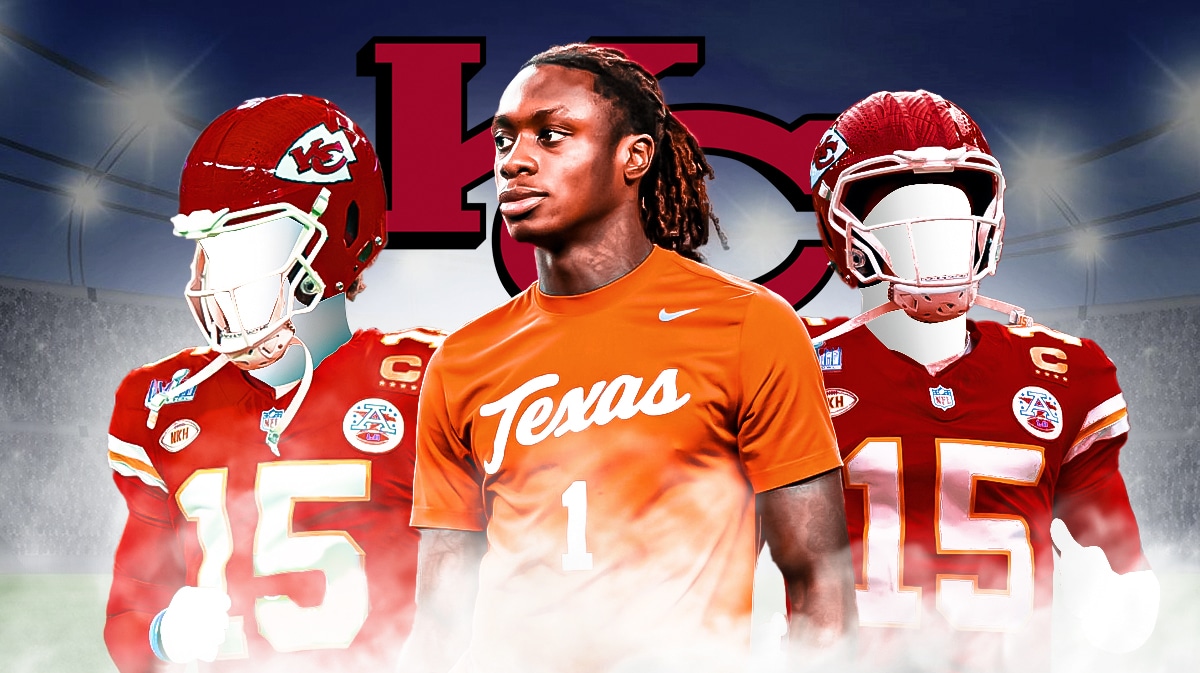 Xavier Worthy in middle, one silhouetted Chiefs player on each side, Chiefs logo, football field in background