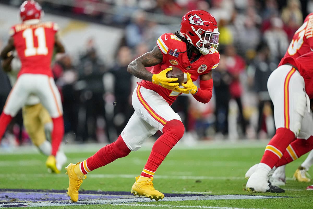 Kansas City Chiefs wide receiver Rashee Rice (4) runs with the ball against the San Francisco 49ers during the second quarter of Super Bowl LVIII at Allegiant Stadium.