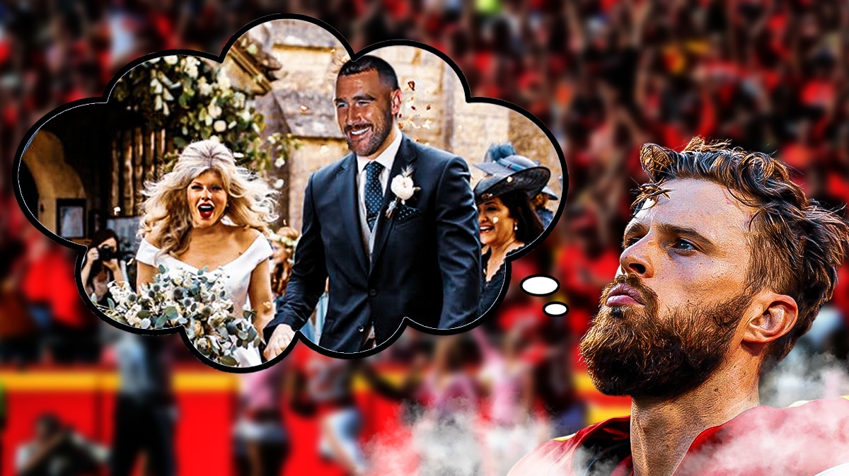 Chiefs' Harrison Butker with a thought bubble containing an image of Travis Kelce and Taylor Swift as bride and groom outside church steps
