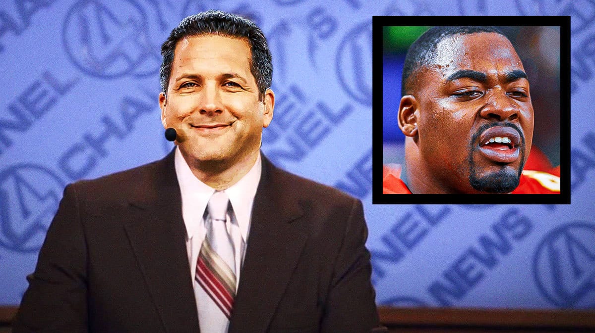 Adam Schefter (ESPN) as Ron Burgundy and replace the ENTIRE IMAGE and Texts inside the box with head shot of Chris Jones (chiefs)