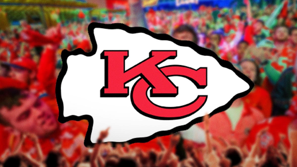 Chiefs logo. Chiefs fans in background