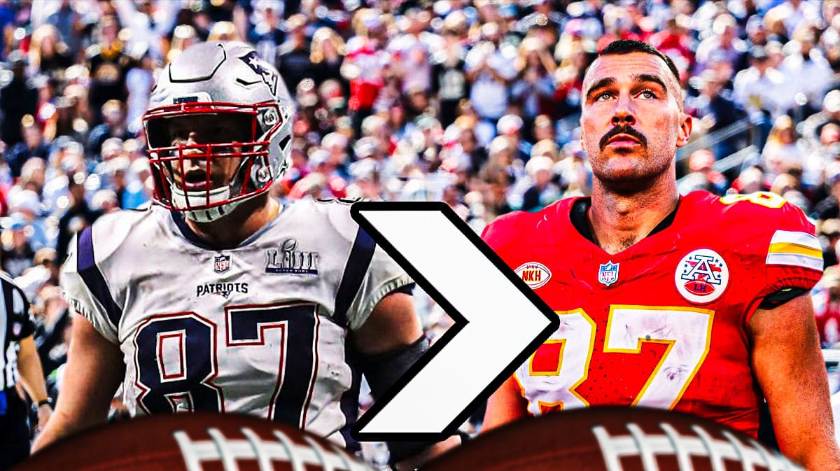 Chiefs, Patriots, Rob Gronkowski, Travis Kelce, Gronk, Rob Gronkowski with > next to Travis Kelce, Patriots stadium in the background