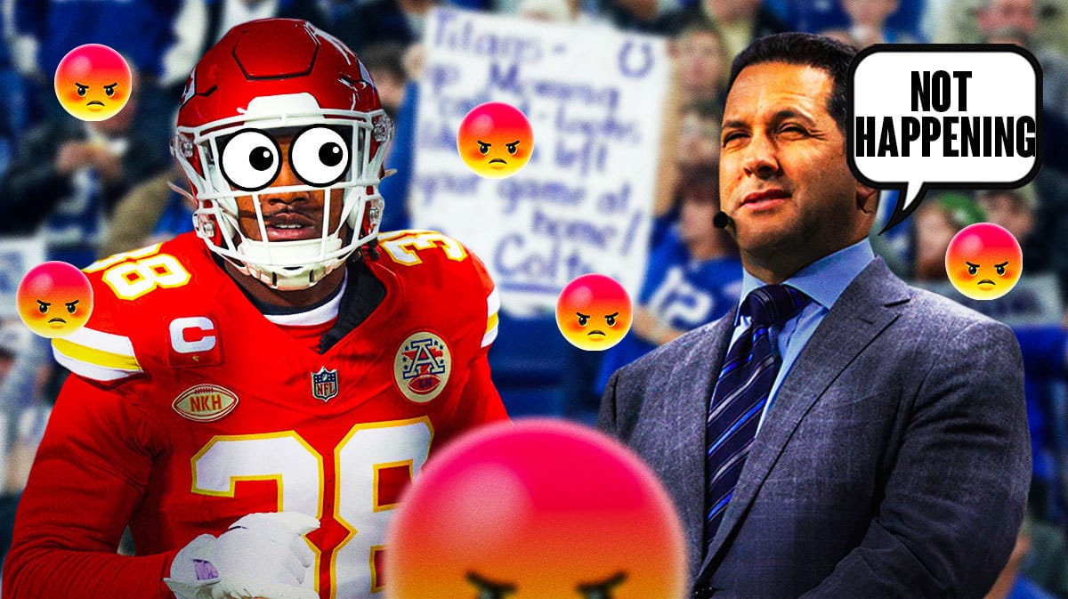 Adam Schefter in the middle with a speech bubble that says “Not happening” L’Jarius Sneed on one side with the big eyes emoji over his face, a bunch of Indianapolis Colts fans on the other side with angry emojis around them