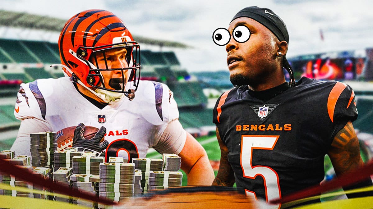 Drew Sample on one side with money falling around him, Tee Higgins on the other side with the big eyes emoji over his face
