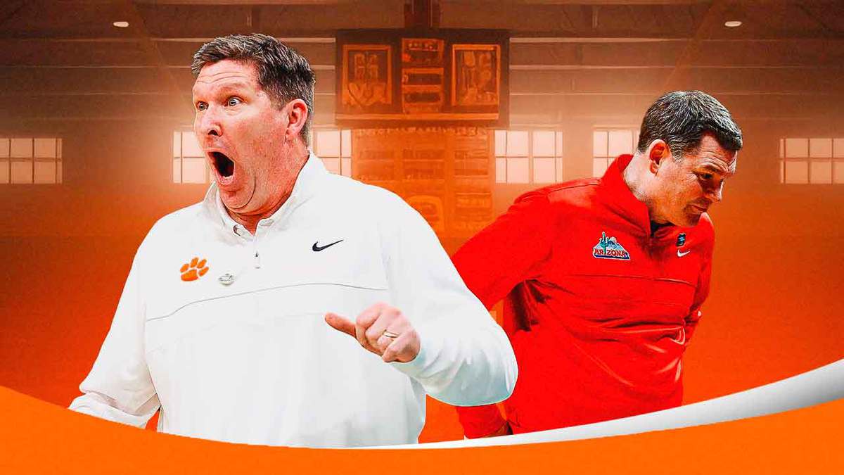 Clemson basketball coach Brad Brownell celebrating and Arizona coach Tommy Lloyd looking sad.