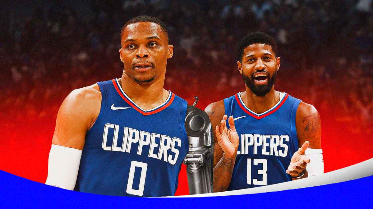 Clippers' Paul George smiling at Russell Westbrook with a metal left arm while looking like a half-Terminator