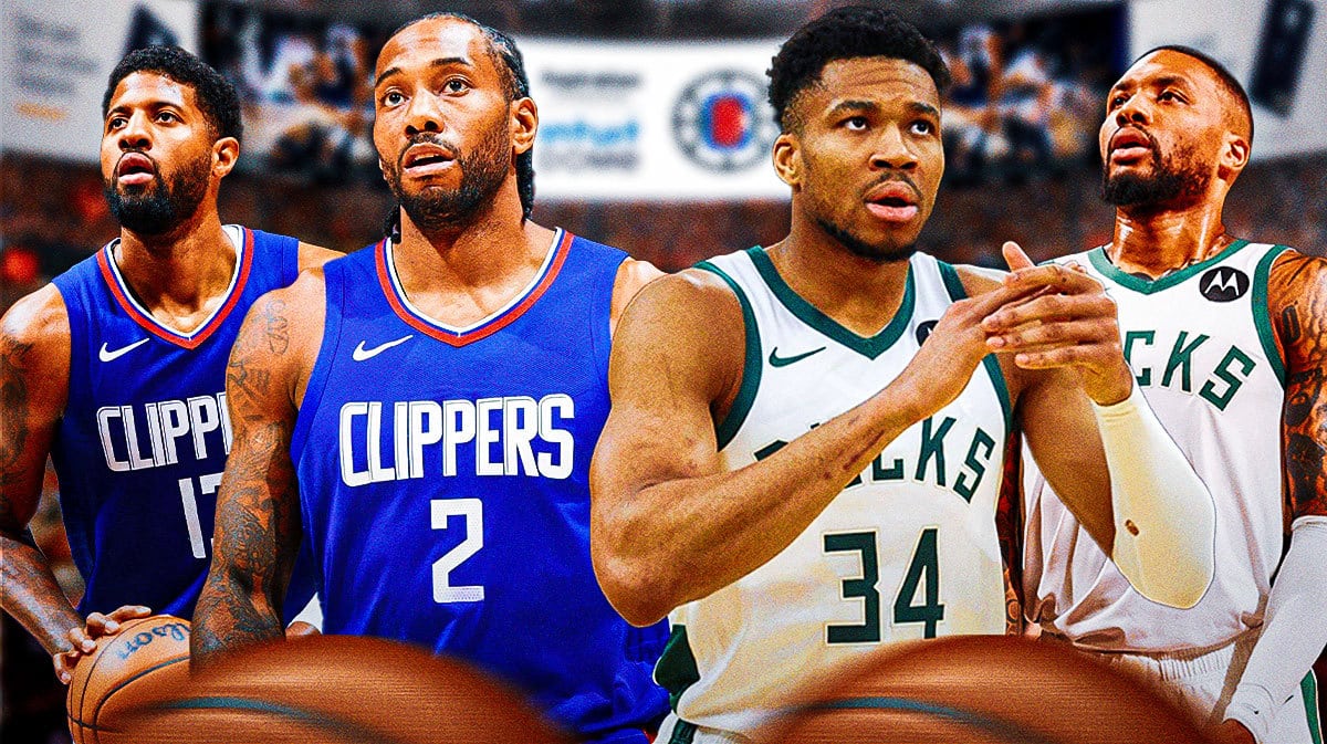 Clippers' Paul George and Kawhi Leonard with Bucks' Giannis Antetokounmpo and Damian Lillard