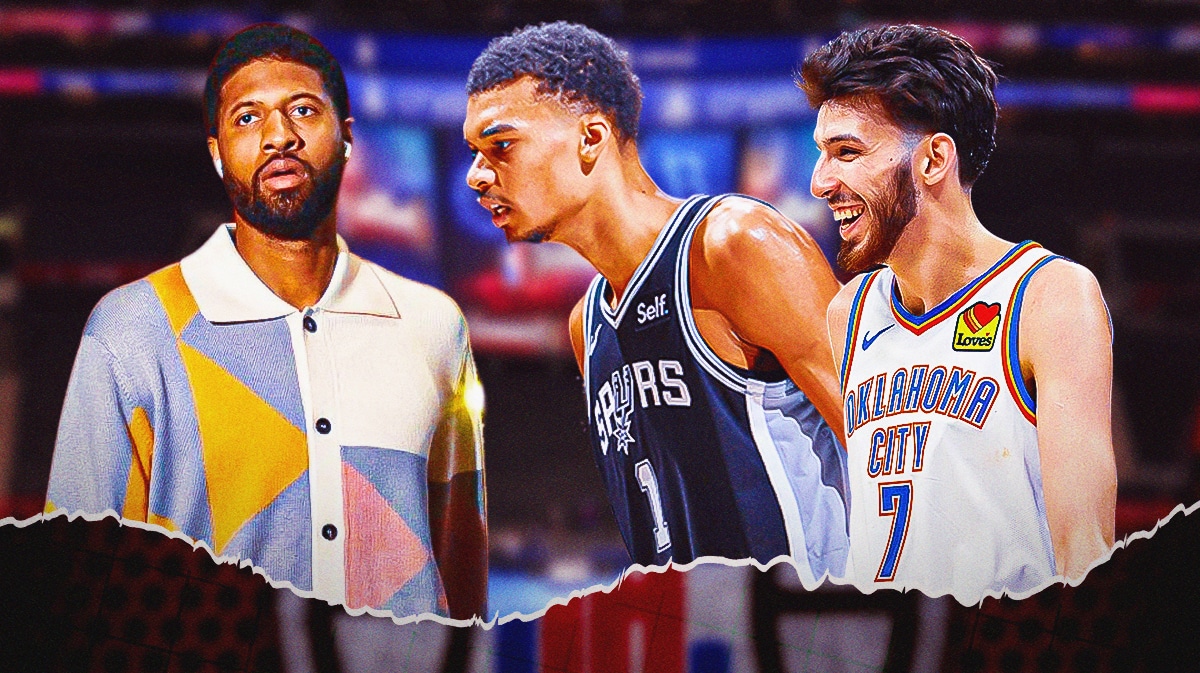Paul George in street clothes with thought bubble saying “He’s Rookie of the Year.” in the middle of Victor Wembanyama and Chet Holmgren