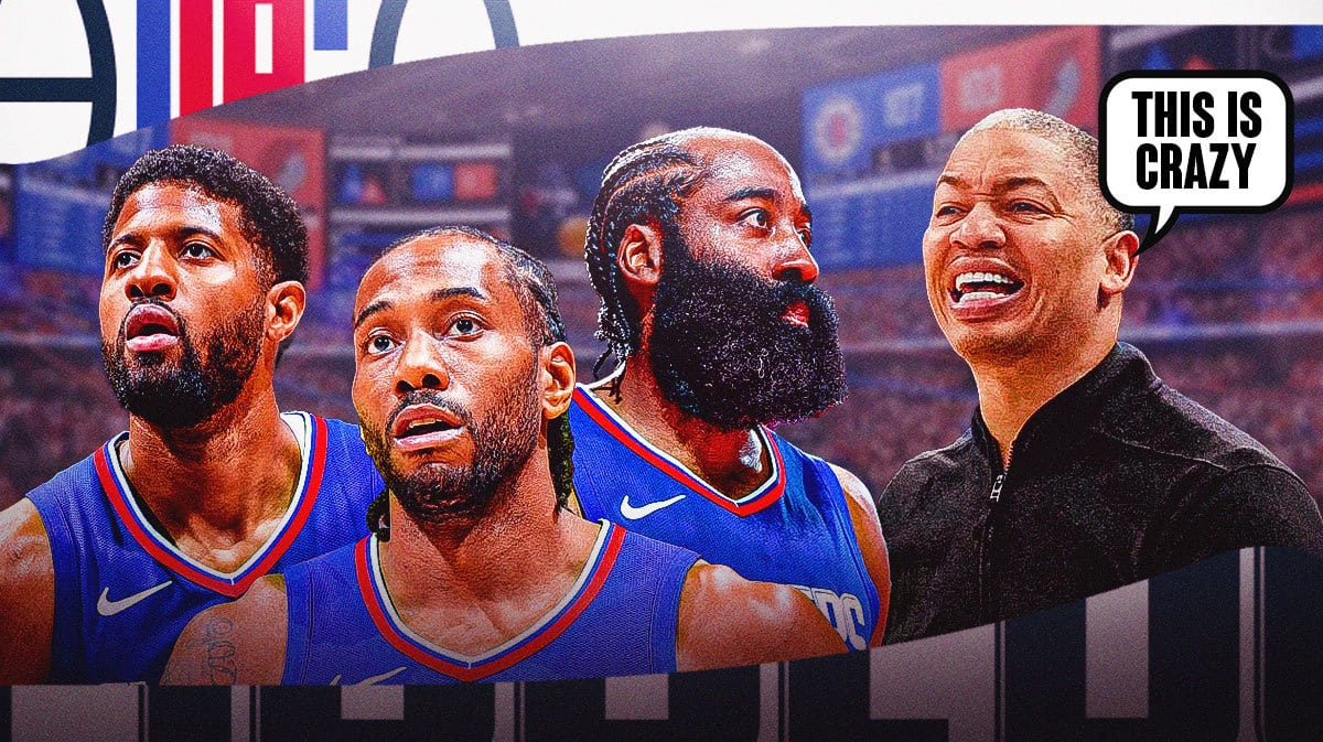 Tyronn Lue saying “This is crazy” next to Paul George, Kawhi Leonard, James Harden