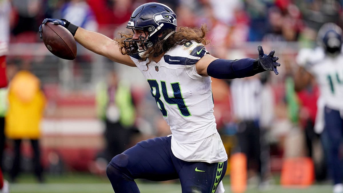 Seattle Seahawks tight end Colby Parkinson (84) reacts after scoring a touchdown against the San Francisco 49ers in the third quarter at Levi's Stadium.