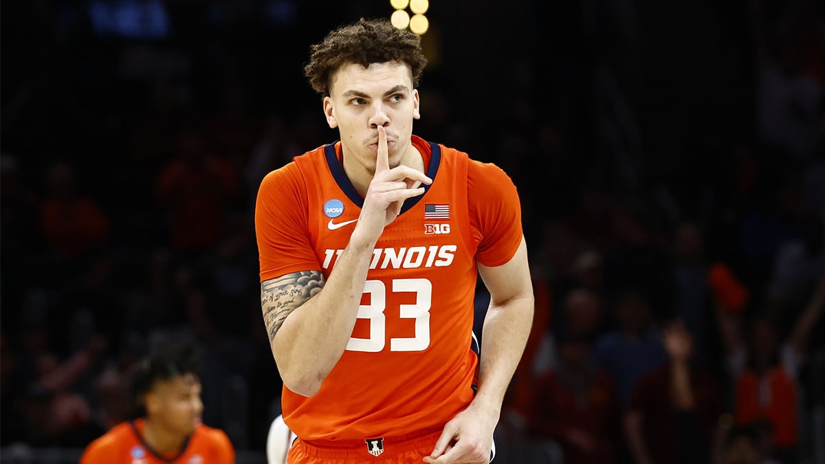 Illinois Fighting Illini forward Coleman Hawkins (33) reacts against the Iowa State Cyclones in the semifinals of the East Regional of the 2024 NCAA Tournament at TD Garden.