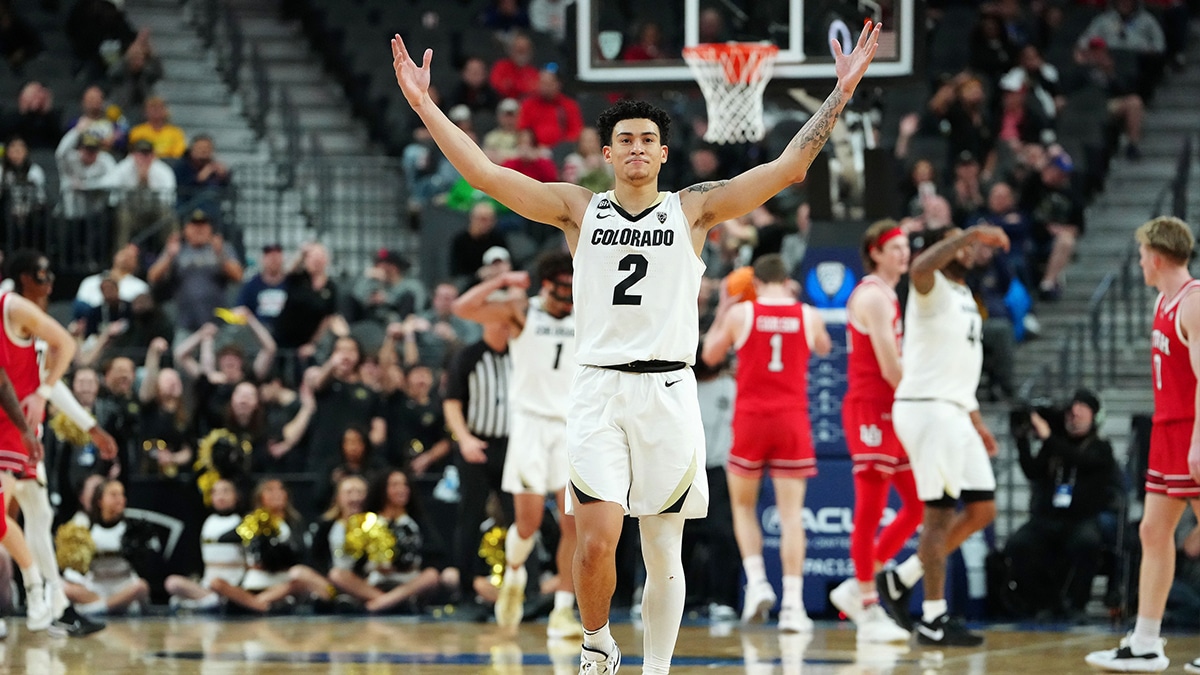 Colorado Buffaloes guard KJ Simpson (2) celebrates after a play against the Utah Utes during the second half at T-Mobile Arena. 