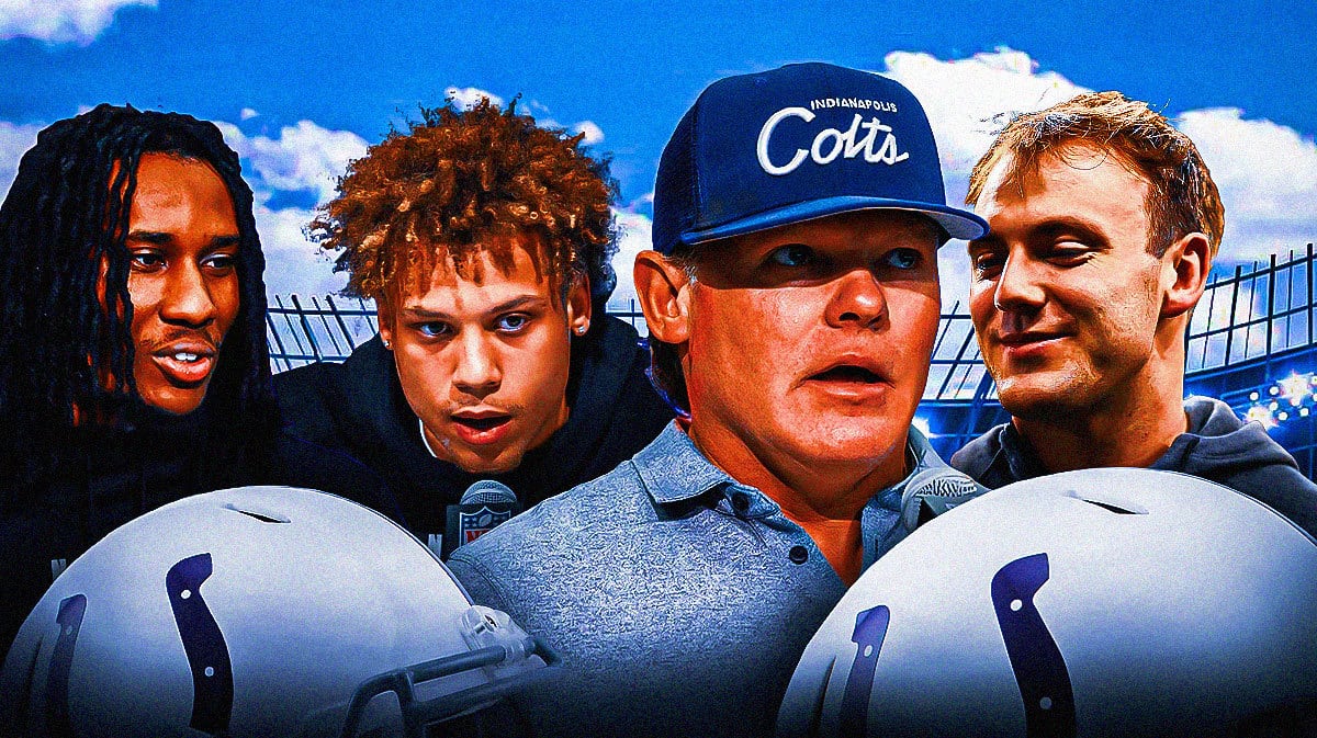 GM Chris Ballard in the middle, Brock Bowers, TJ Tampa, Jermaine Burton around him, and Indianapolis Colts in the background.