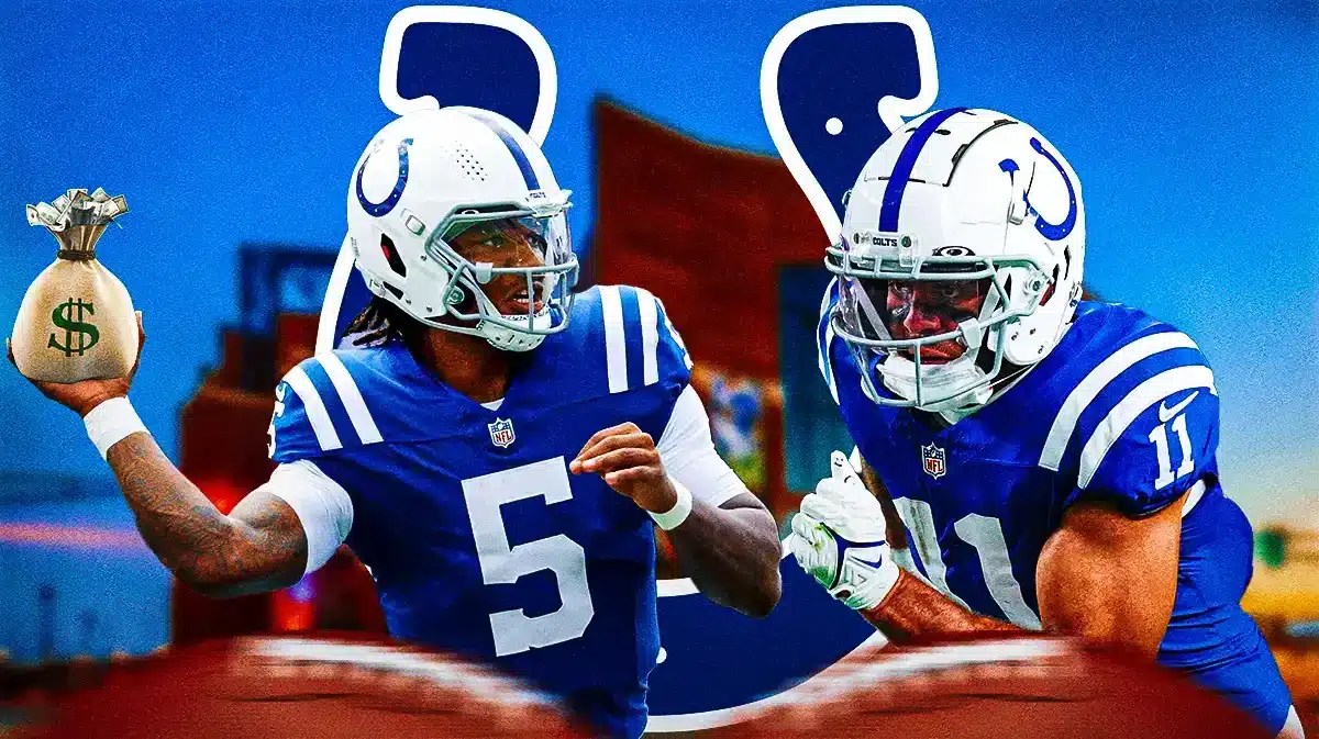 Colts Anthony Richardson throwing Michael Pittman a bag of money
