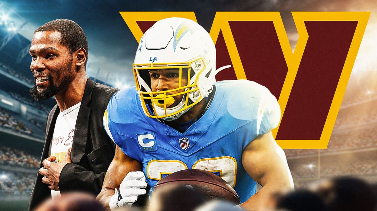 Kevin Durant, Austin Ekeler with football, Washington Commanders logo in the background