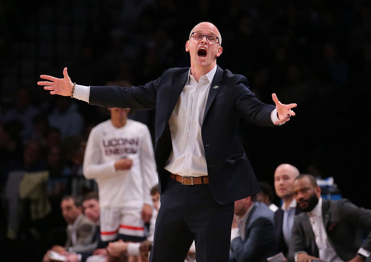 Connecticut Huskies head coach Dan Hurley reacts against the Stetson Hatters in the first round of the 2024 NCAA Tournament at the Barclays Center. 