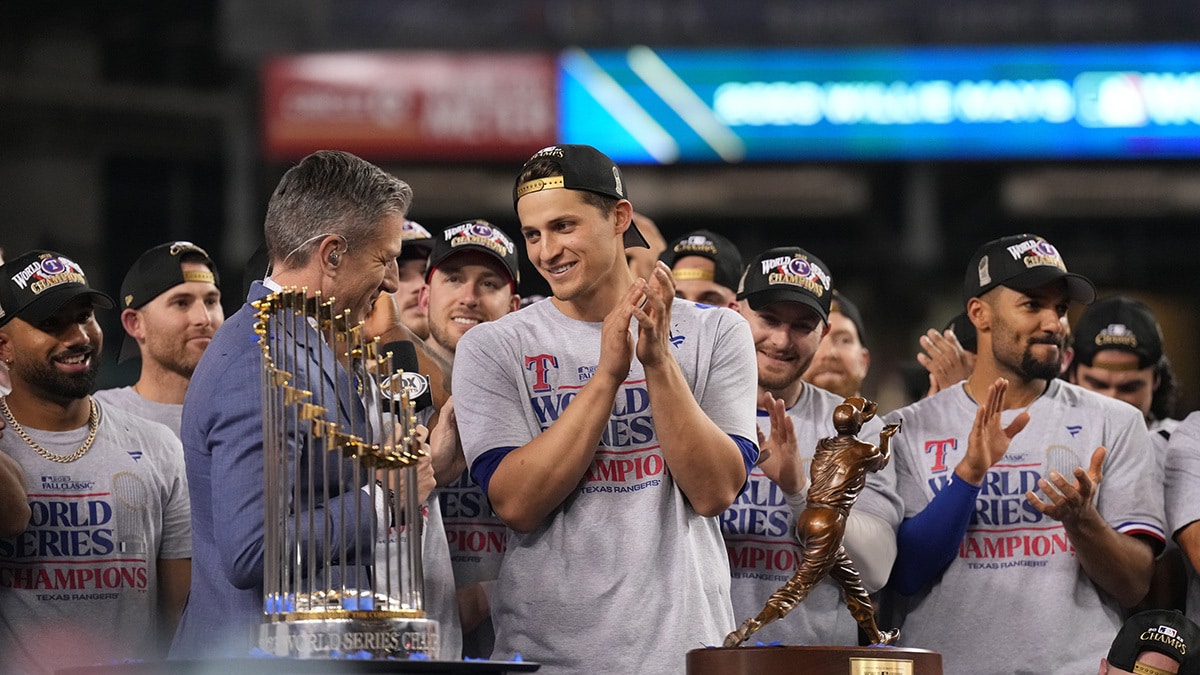 Texas Rangers shortstop Corey Seager (5) is named the MVP after defeating the Arizona Diamondbacks to win the world series in game five of the 2023 World Series at Chase Field.