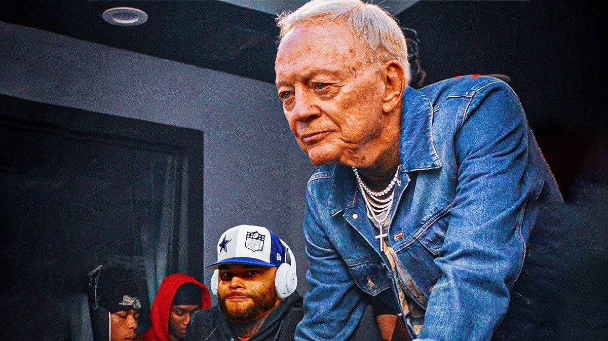 Dak Prescott (Cowboys QB) as the guy on the LEFT and Jerry Jones (Cowboys owner) as the guy on the RIGHT who's standing