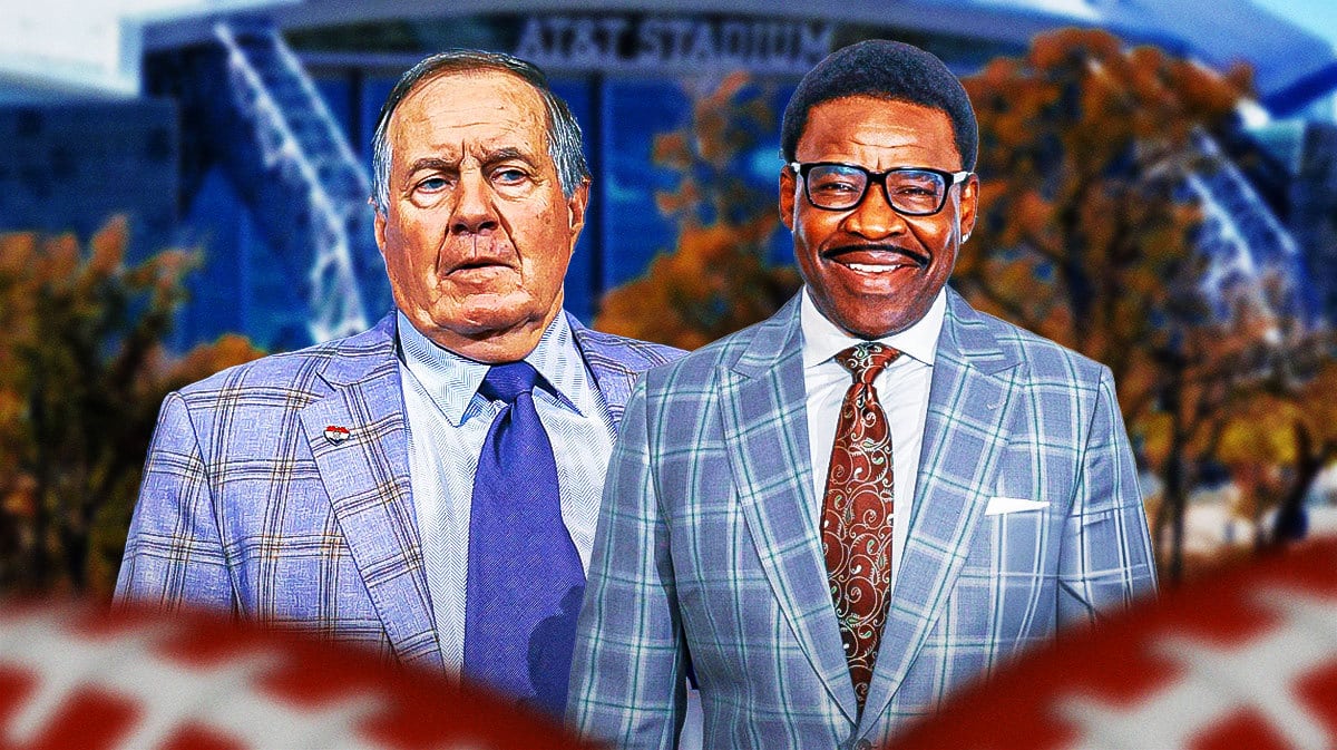 Former Dallas Cowboys star Michael Irvin and Bill Belichick in front of AT&T Stadium.