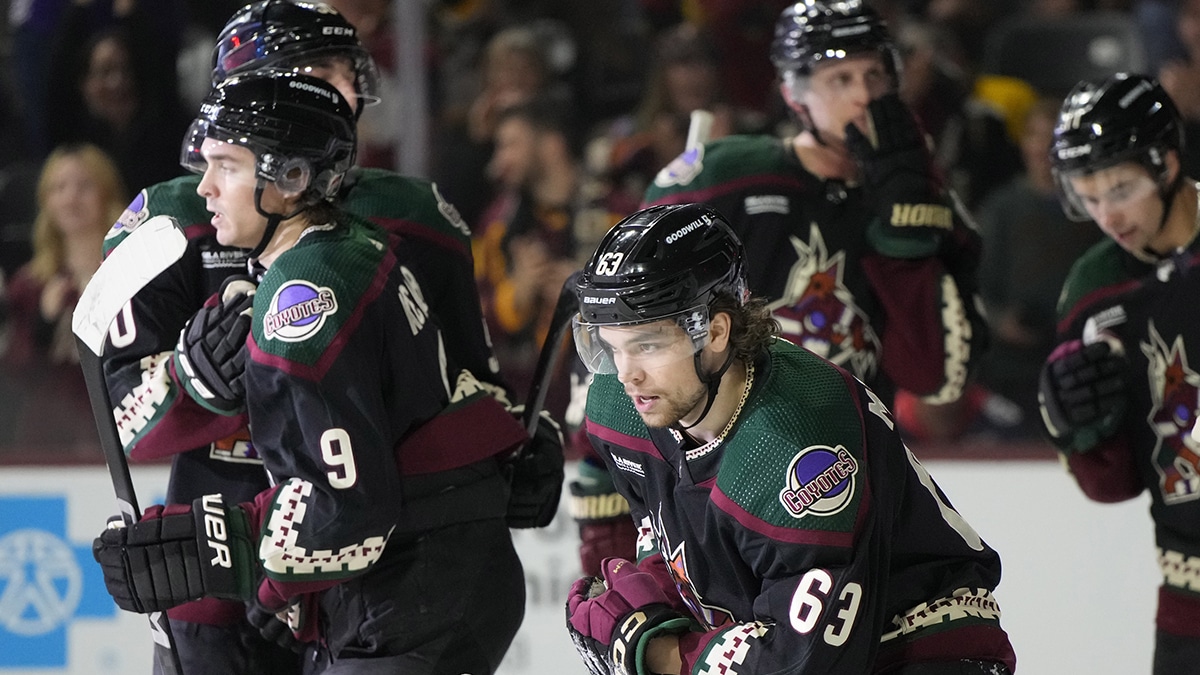 Arizona Coyotes left wing Matias Maccelli (63) celebrates with teammates after scoring a goal against the Columbus Blue Jackets in the second period at Mullett Arena.