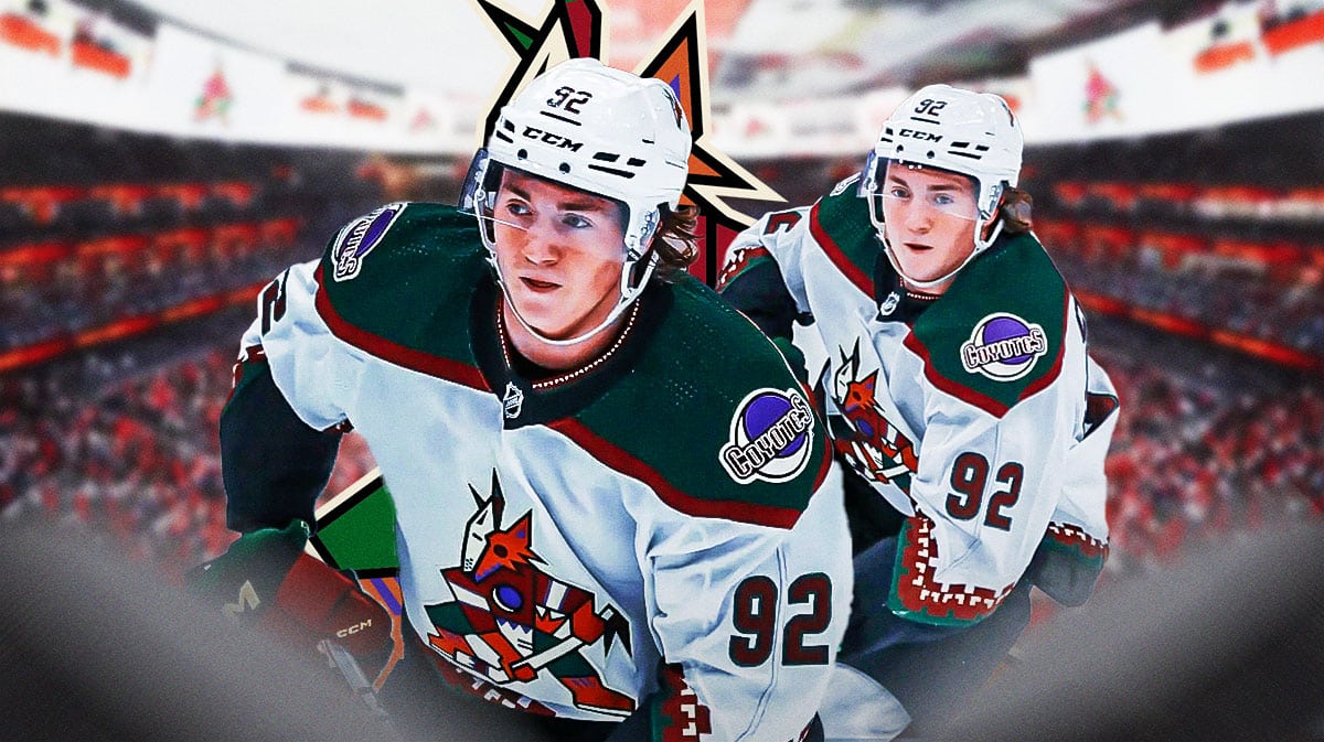 Logan Cooley with fire around him, AZ Coyotes logo, hockey rink in background
