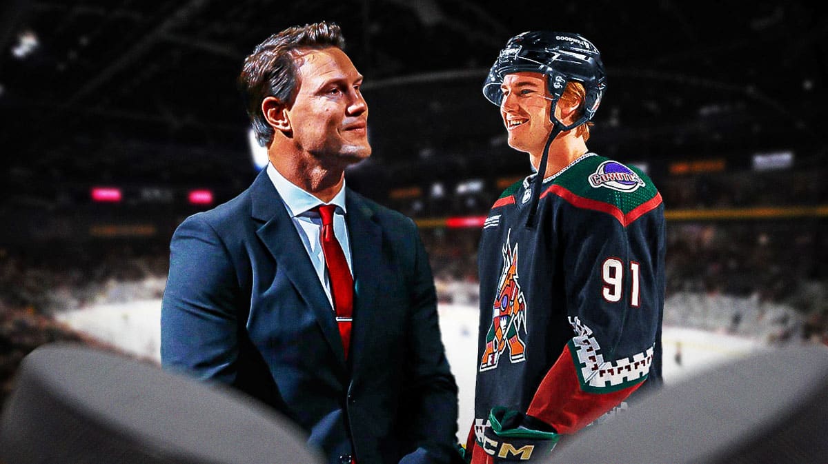 Shane Doan next to his son and Arizona Coyotes rookie Josh Doan