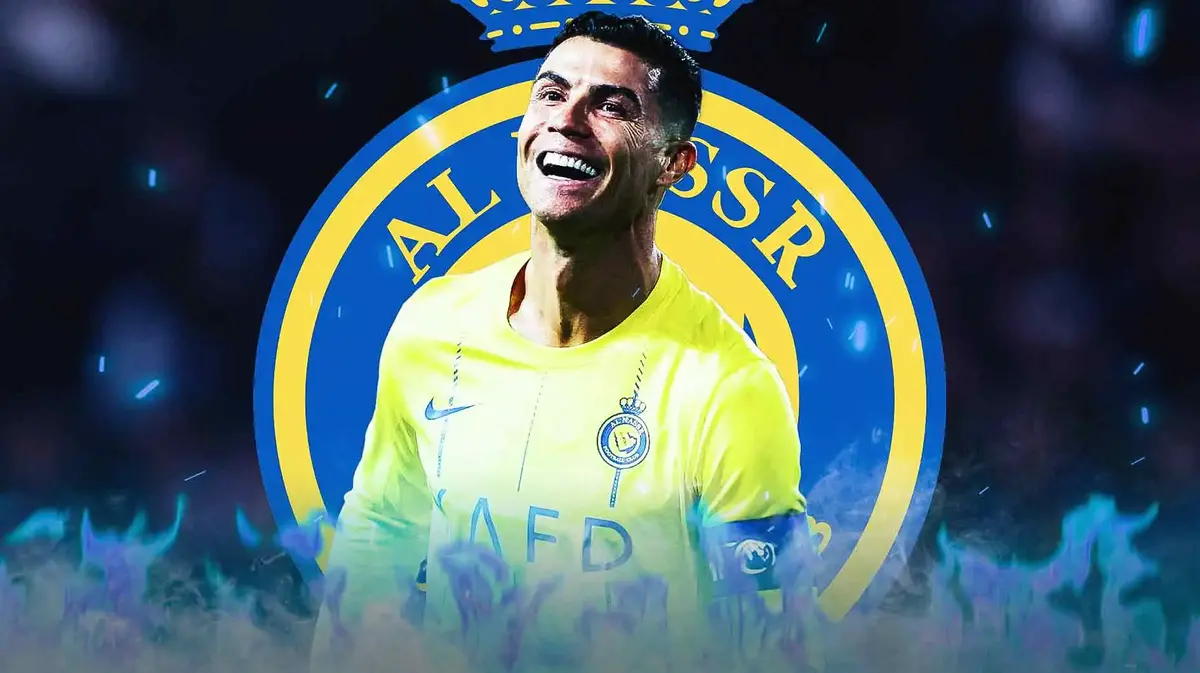 Cristiano Ronaldo celebrating on blue fire in front of the Al-Nassr logo