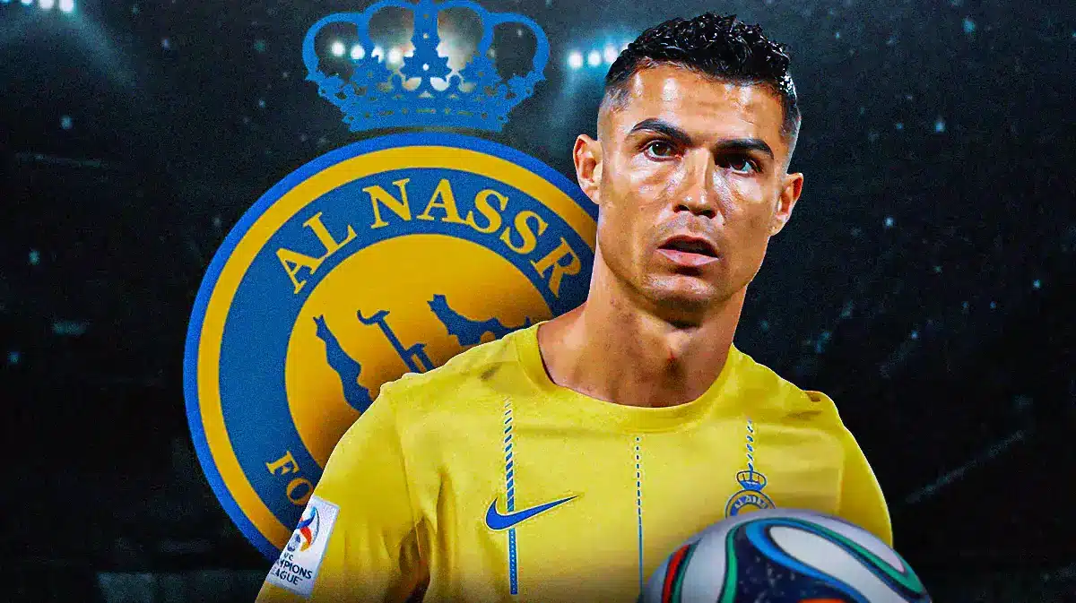 Cristiano Ronadlo in front of the Al-Nassr logo, Lionel Messi on the side