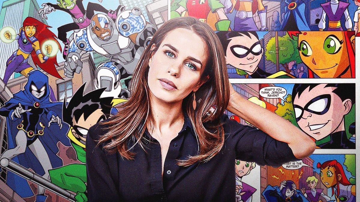 Ana Nogueira in the foreground with Teen Titans panels as the background