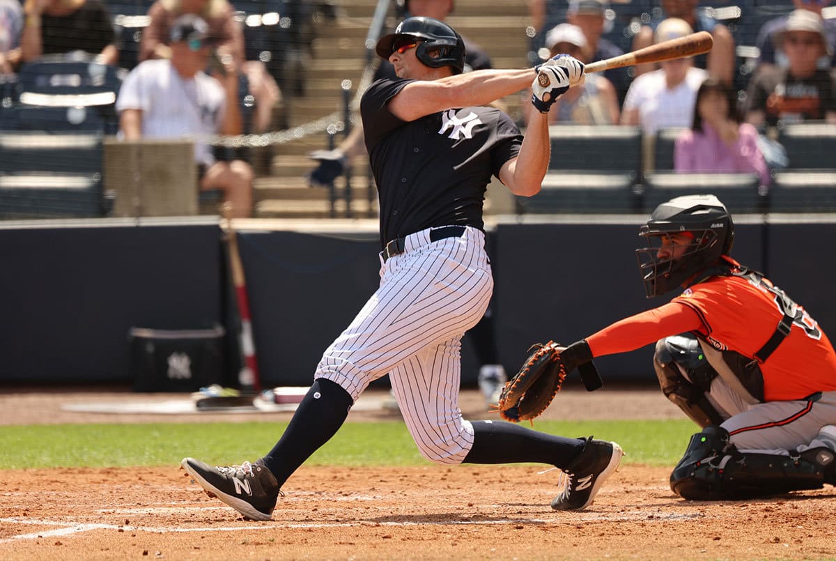 New York Yankees third baseman DJ LeMahieu (26) singles during the second inning against the Baltimore Orioles at George M. Steinbrenner Field