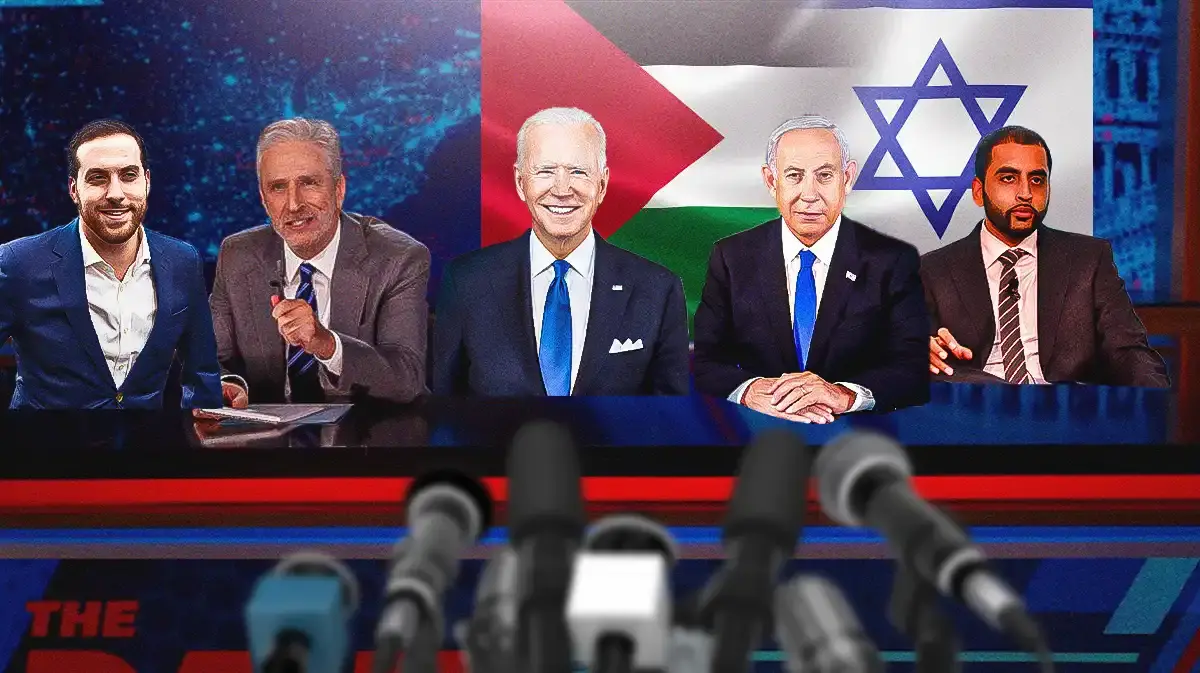The Daily Show set with Jon Stewart,Joe Biden, Banjamin Netanyahu, Murtaza Hussain, and Yair Rosenberg.
