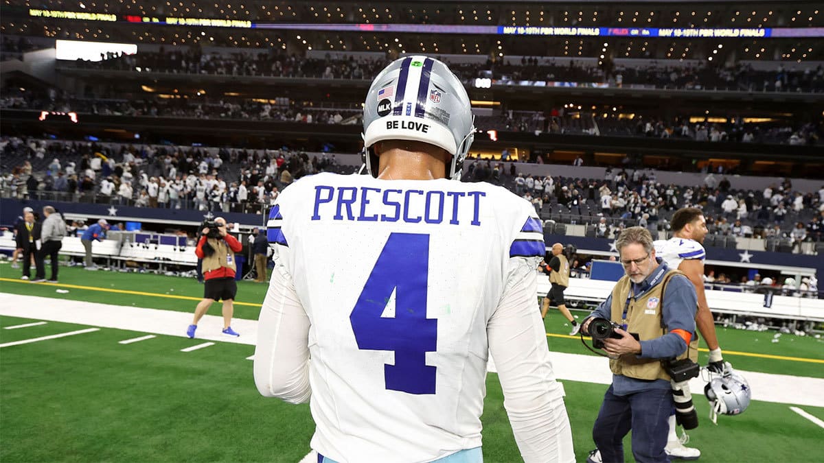 Dallas Cowboys quarterback Dak Prescott (4) walks off the field after losing in the 2024 NFC wild card game against the Green Bay Packers at AT&T Stadium.